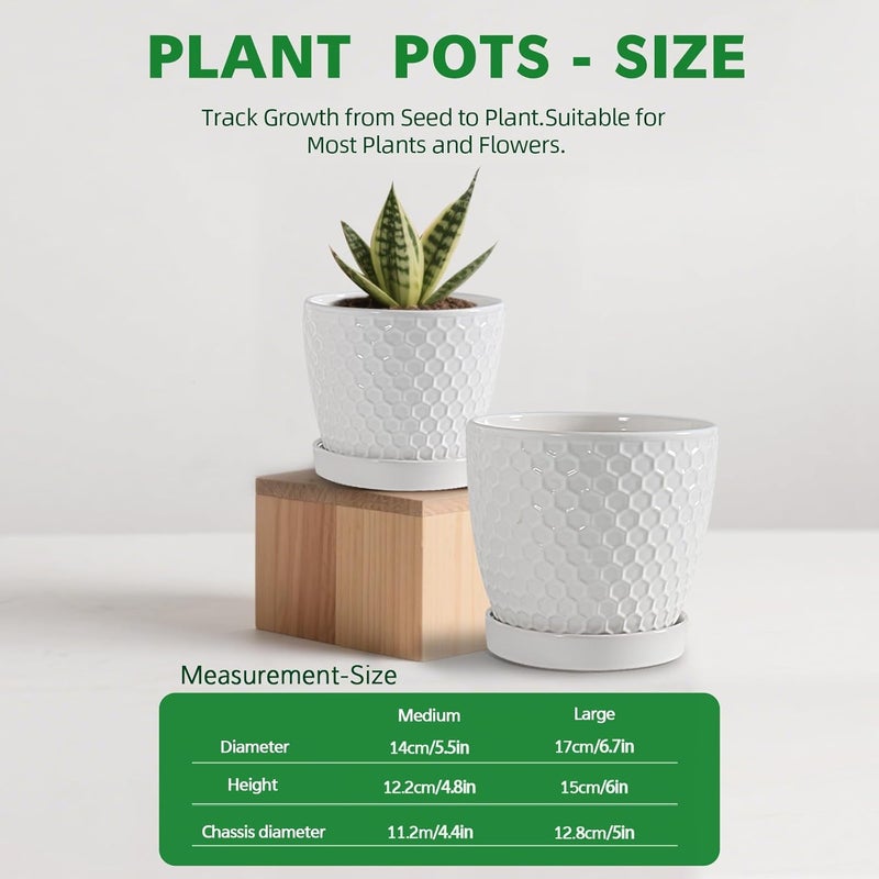 Docrin Store Ceramic Plant Pots Set of 2 (6.6"+5.5"), High-Fired Clay Indoor Planters with Drainage Holes & Saucer, Honeycomb Modern Home Decor for All House Plants - Image 4